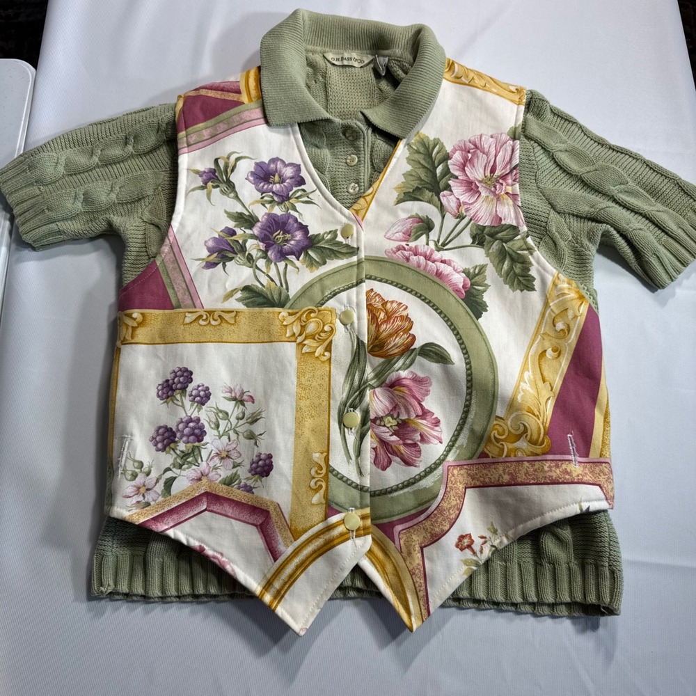 Cottagecore Vtg Coastal Granny Large Sage Cable Knit Sweater Floral Striped Vest - Picture 1 of 10